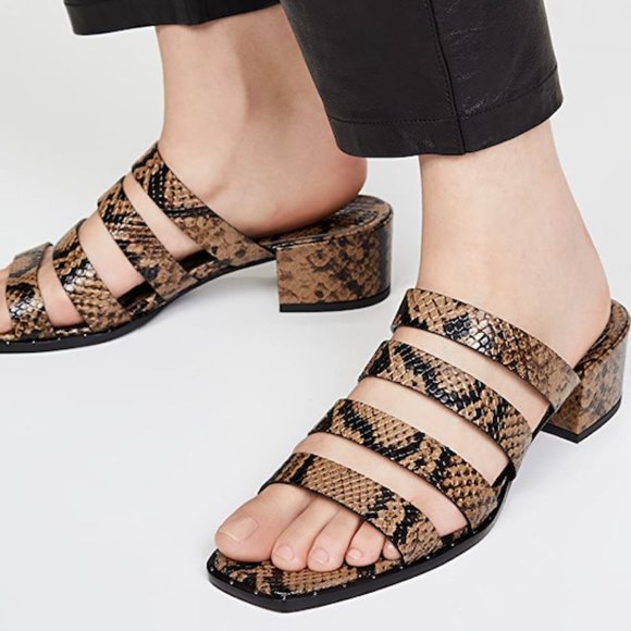 Freda Salvador Shoes - Freda Salvador Ingrid Strappy Square Toe Brown Snakeskin Heeled Sandals